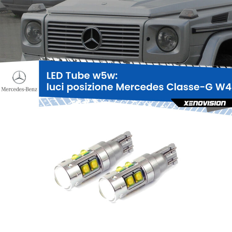 <strong>Luci posizione LED 6000k per Mercedes Classe-G</strong> W463 1991-2004. Lampadine <strong>W5W</strong> canbus modello Tube, luce bianco lunare, lunga durata e compatibilità.