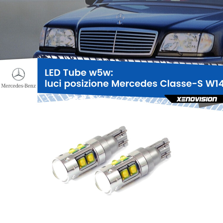 <strong>Luci posizione LED 6000k per Mercedes Classe-S</strong> W140 1991-1998. Lampadine <strong>W5W</strong> canbus modello Tube, luce bianco lunare, lunga durata e compatibilità.