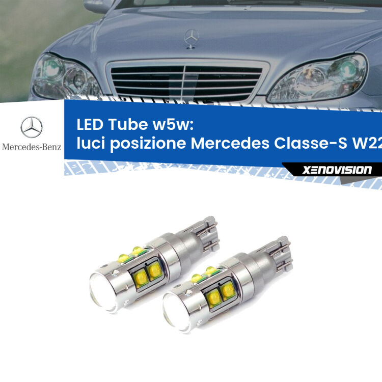 <strong>Luci posizione LED 6000k per Mercedes Classe-S</strong> W220 1998-2005. Lampadine <strong>W5W</strong> canbus modello Tube, luce bianco lunare, lunga durata e compatibilità.