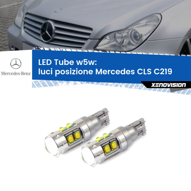 <strong>Luci posizione LED 6000k per Mercedes CLS</strong> C219 2004-2010. Lampadine <strong>W5W</strong> canbus modello Tube, luce bianco lunare, lunga durata e compatibilità.