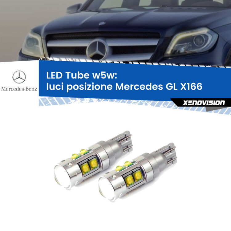 <strong>Luci posizione LED 6000k per Mercedes GL</strong> X166 2012-2015. Lampadine <strong>W5W</strong> canbus modello Tube, luce bianco lunare, lunga durata e compatibilità.