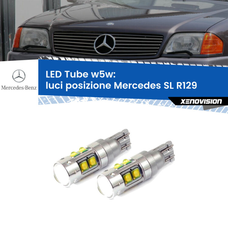 <strong>Luci posizione LED 6000k per Mercedes SL</strong> R129 1989-2001. Lampadine <strong>W5W</strong> canbus modello Tube, luce bianco lunare, lunga durata e compatibilità.