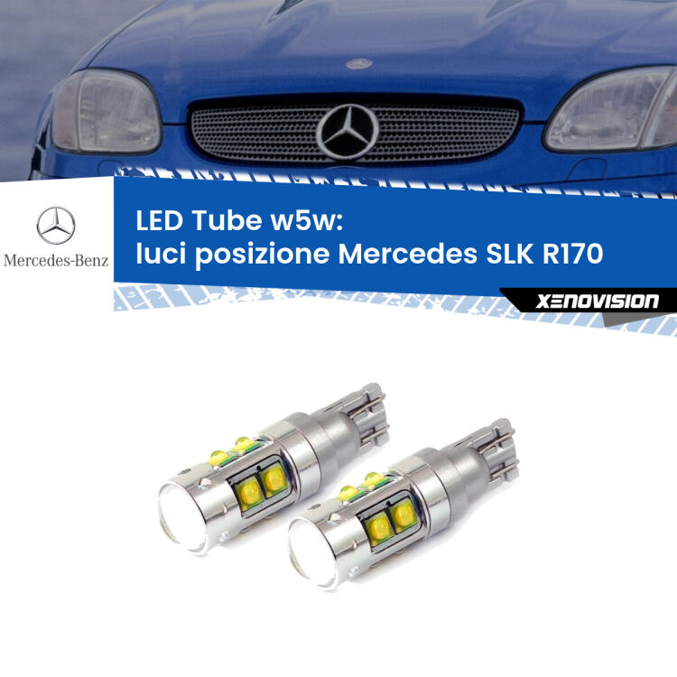 <strong>Luci posizione LED 6000k per Mercedes SLK</strong> R170 1996-2004. Lampadine <strong>W5W</strong> canbus modello Tube, luce bianco lunare, lunga durata e compatibilità.