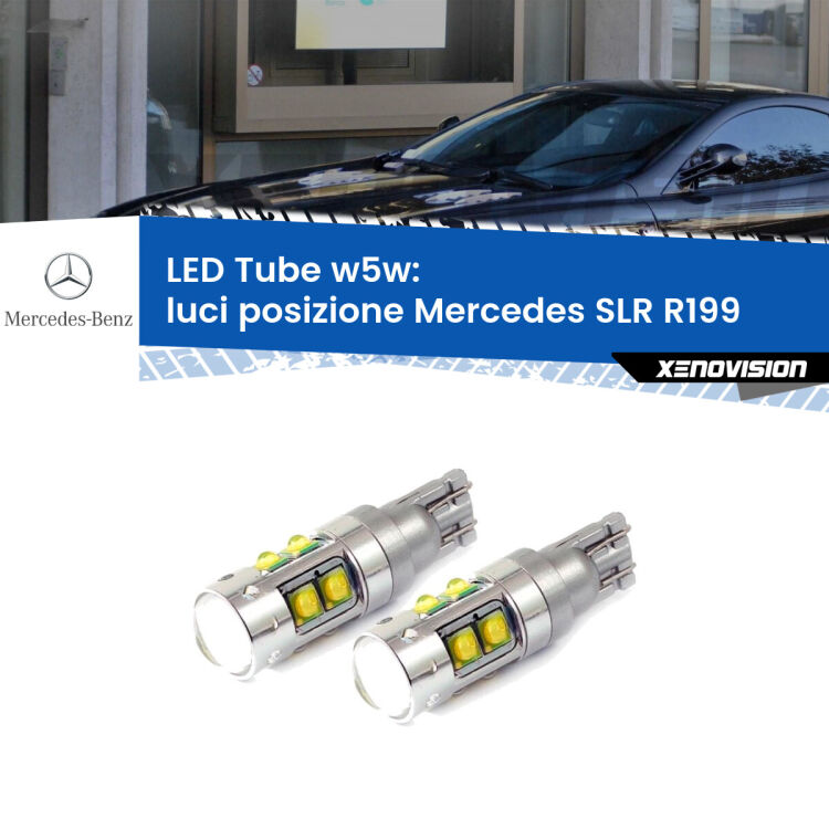 <strong>Luci posizione LED 6000k per Mercedes SLR</strong> R199 2004in poi. Lampadine <strong>W5W</strong> canbus modello Tube, luce bianco lunare, lunga durata e compatibilità.