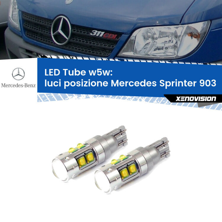 <strong>Luci posizione LED 6000k per Mercedes Sprinter</strong> 903 1995-2006. Lampadine <strong>W5W</strong> canbus modello Tube, luce bianco lunare, lunga durata e compatibilità.