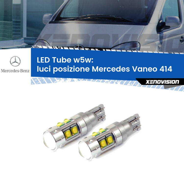 <strong>Luci posizione LED 6000k per Mercedes Vaneo</strong> 414 2002-2005. Lampadine <strong>W5W</strong> canbus modello Tube, luce bianco lunare, lunga durata e compatibilità.