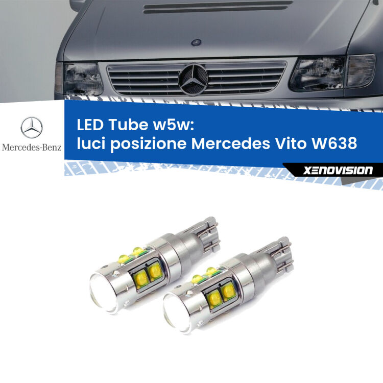 <strong>Luci posizione LED 6000k per Mercedes Vito</strong> W638 1996-2003. Lampadine <strong>W5W</strong> canbus modello Tube, luce bianco lunare, lunga durata e compatibilità.