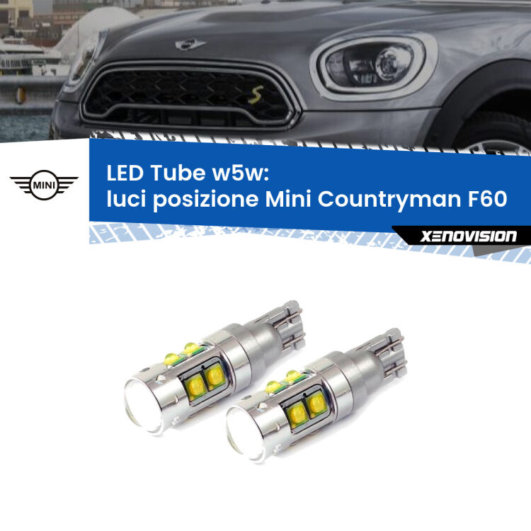 <strong>Luci posizione LED 6000k per Mini Countryman</strong> F60 2016-2019. Lampadine <strong>W5W</strong> canbus modello Tube, luce bianco lunare, lunga durata e compatibilità.