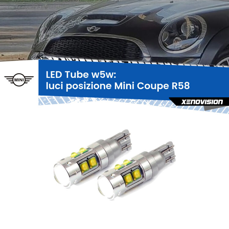 <strong>Luci posizione LED 6000k per Mini Coupe</strong> R58 2011-2015. Lampadine <strong>W5W</strong> canbus modello Tube, luce bianco lunare, lunga durata e compatibilità.