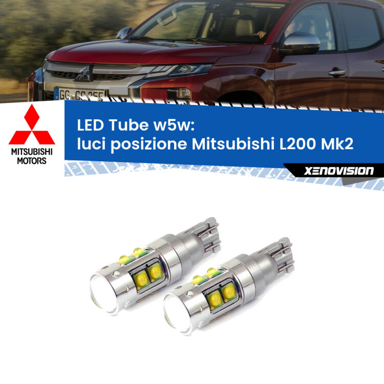 <strong>Luci posizione LED 6000k per Mitsubishi L200</strong> Mk2 1986-1996. Lampadine <strong>W5W</strong> canbus modello Tube, luce bianco lunare, lunga durata e compatibilità.