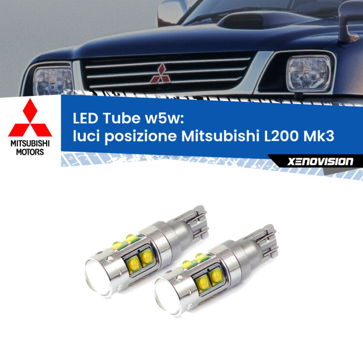 <strong>Luci posizione LED 6000k per Mitsubishi L200</strong> Mk3 1996-2005. Lampadine <strong>W5W</strong> canbus modello Tube, luce bianco lunare, lunga durata e compatibilità.