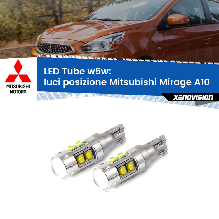 <strong>Luci posizione LED 6000k per Mitsubishi Mirage</strong> A10 2013in poi. Lampadine <strong>W5W</strong> canbus modello Tube, luce bianco lunare, lunga durata e compatibilità.