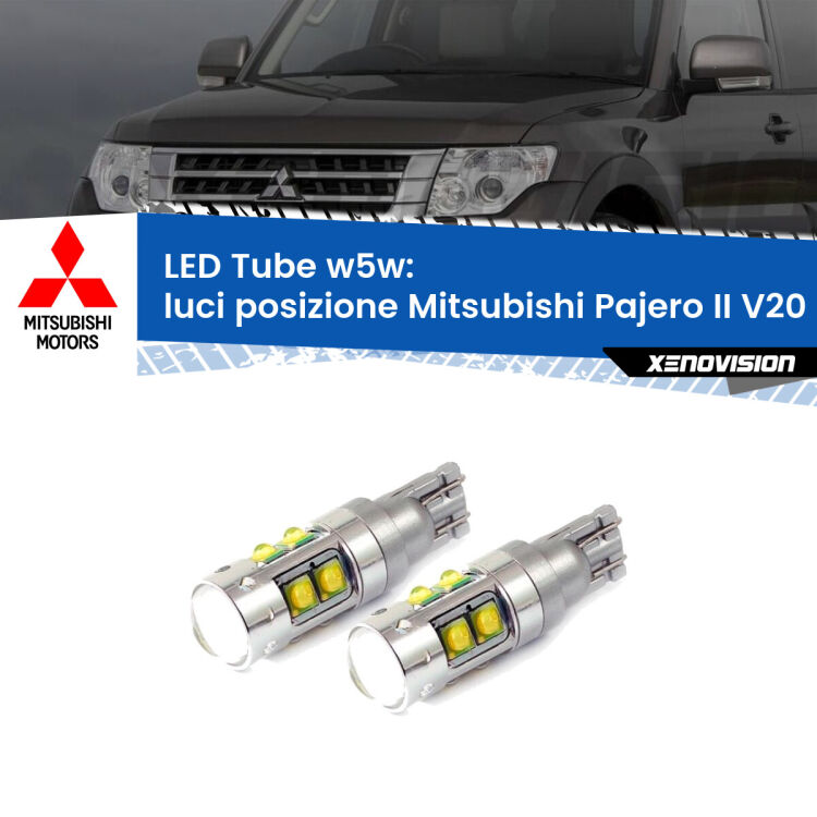 <strong>Luci posizione LED 6000k per Mitsubishi Pajero II</strong> V20 1990-2000. Lampadine <strong>W5W</strong> canbus modello Tube, luce bianco lunare, lunga durata e compatibilità.