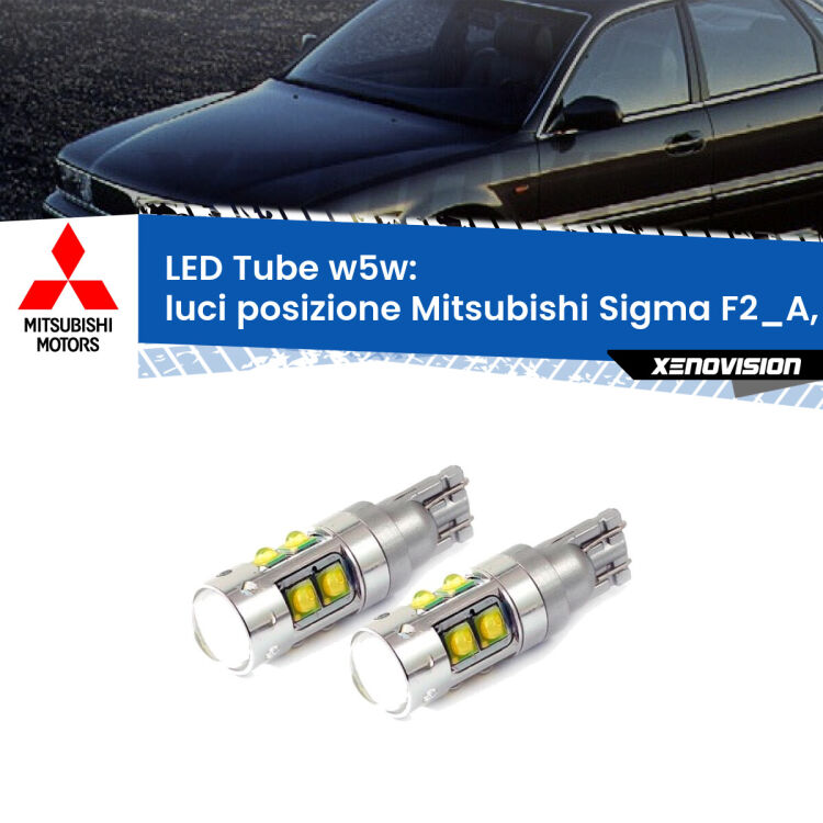 <strong>Luci posizione LED 6000k per Mitsubishi Sigma</strong> F2_A, F1_A 1990-1996. Lampadine <strong>W5W</strong> canbus modello Tube, luce bianco lunare, lunga durata e compatibilità.