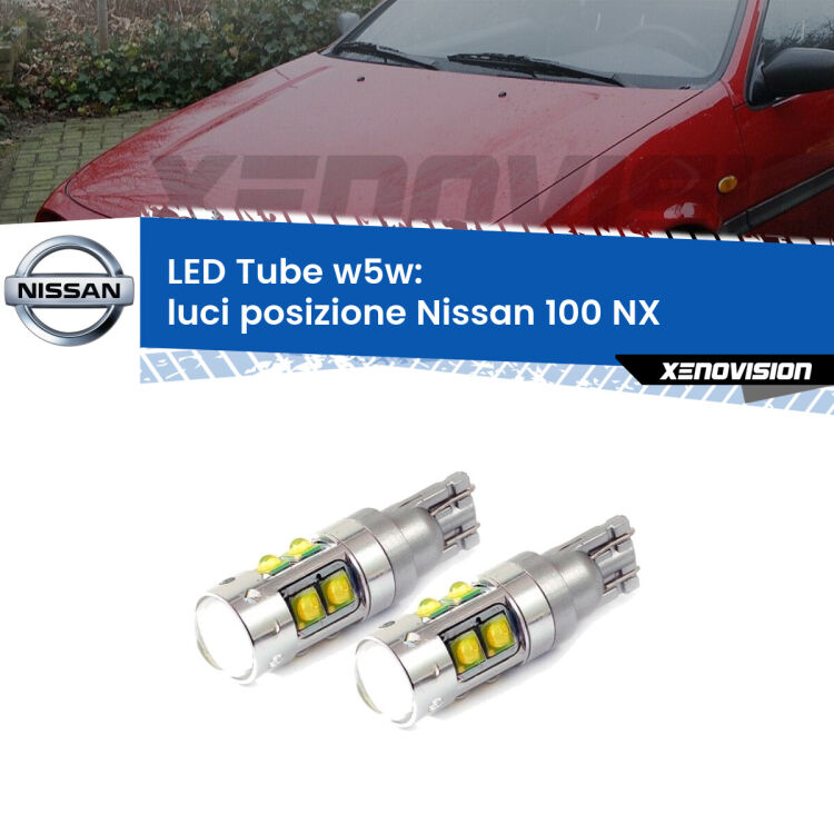 <strong>Luci posizione LED 6000k per Nissan 100 NX</strong>  1990-1994. Lampadine <strong>W5W</strong> canbus modello Tube, luce bianco lunare, lunga durata e compatibilità.