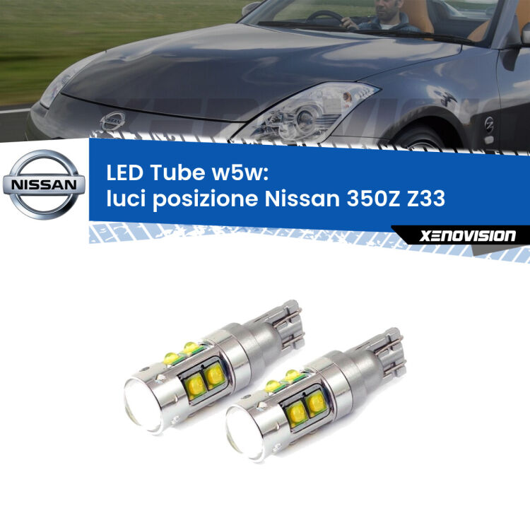 <strong>Luci posizione LED 6000k per Nissan 350Z</strong> Z33 2003-2009. Lampadine <strong>W5W</strong> canbus modello Tube, luce bianco lunare, lunga durata e compatibilità.