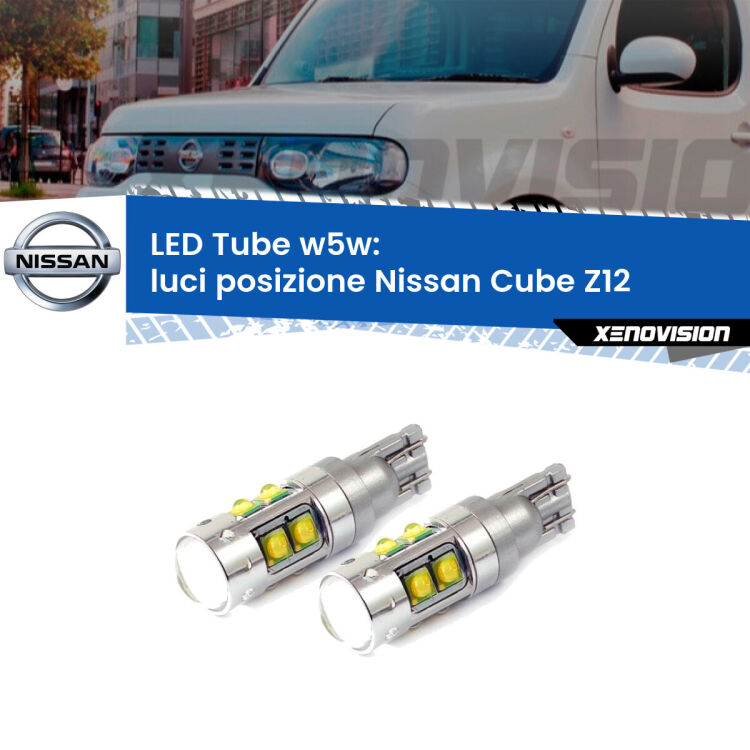 <strong>Luci posizione LED 6000k per Nissan Cube</strong> Z12 2008-2012. Lampadine <strong>W5W</strong> canbus modello Tube, luce bianco lunare, lunga durata e compatibilità.