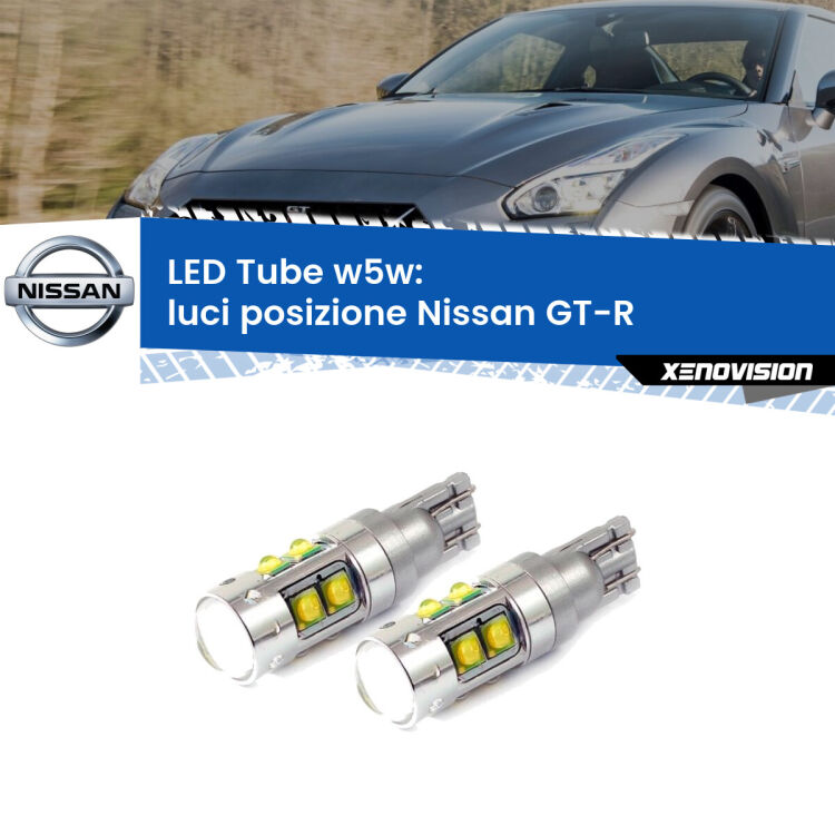 <strong>Luci posizione LED 6000k per Nissan GT-R</strong>  2007in poi. Lampadine <strong>W5W</strong> canbus modello Tube, luce bianco lunare, lunga durata e compatibilità.