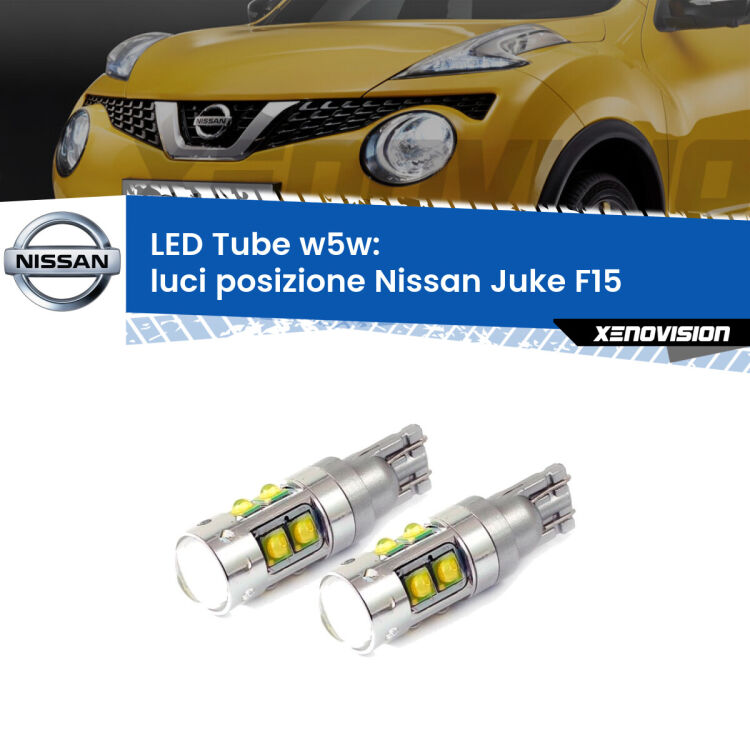 <strong>Luci posizione LED 6000k per Nissan Juke</strong> F15 2010-2014. Lampadine <strong>W5W</strong> canbus modello Tube, luce bianco lunare, lunga durata e compatibilità.