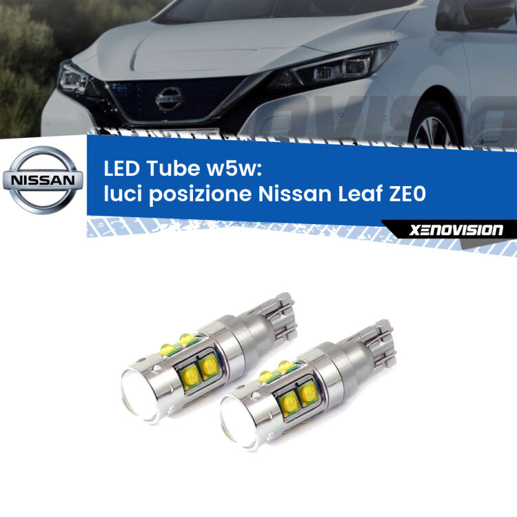 <strong>Luci posizione LED 6000k per Nissan Leaf</strong> ZE0 2010-2016. Lampadine <strong>W5W</strong> canbus modello Tube, luce bianco lunare, lunga durata e compatibilità.