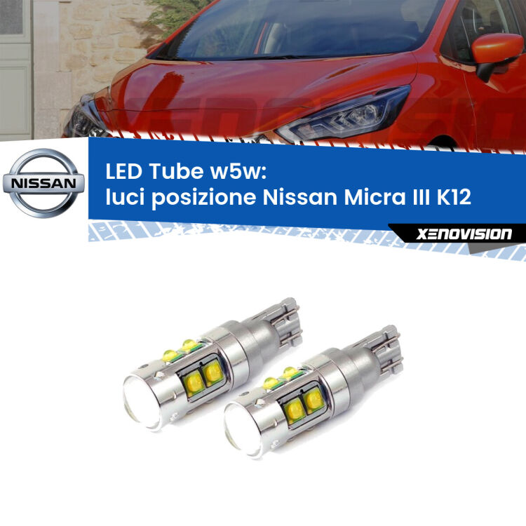 <strong>Luci posizione LED 6000k per Nissan Micra III</strong> K12 2002-2010. Lampadine <strong>W5W</strong> canbus modello Tube, luce bianco lunare, lunga durata e compatibilità.