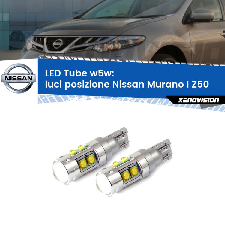 <strong>Luci posizione LED 6000k per Nissan Murano I</strong> Z50 2003-2008. Lampadine <strong>W5W</strong> canbus modello Tube, luce bianco lunare, lunga durata e compatibilità.