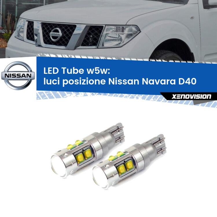 <strong>Luci posizione LED 6000k per Nissan Navara</strong> D40 2004-2016. Lampadine <strong>W5W</strong> canbus modello Tube, luce bianco lunare, lunga durata e compatibilità.