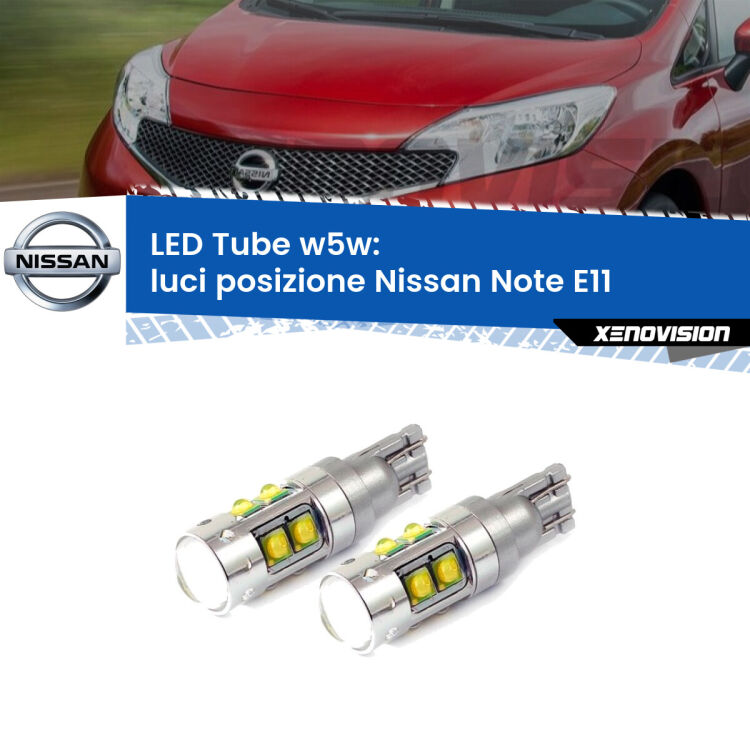 <strong>Luci posizione LED 6000k per Nissan Note</strong> E11 2006-2013. Lampadine <strong>W5W</strong> canbus modello Tube, luce bianco lunare, lunga durata e compatibilità.