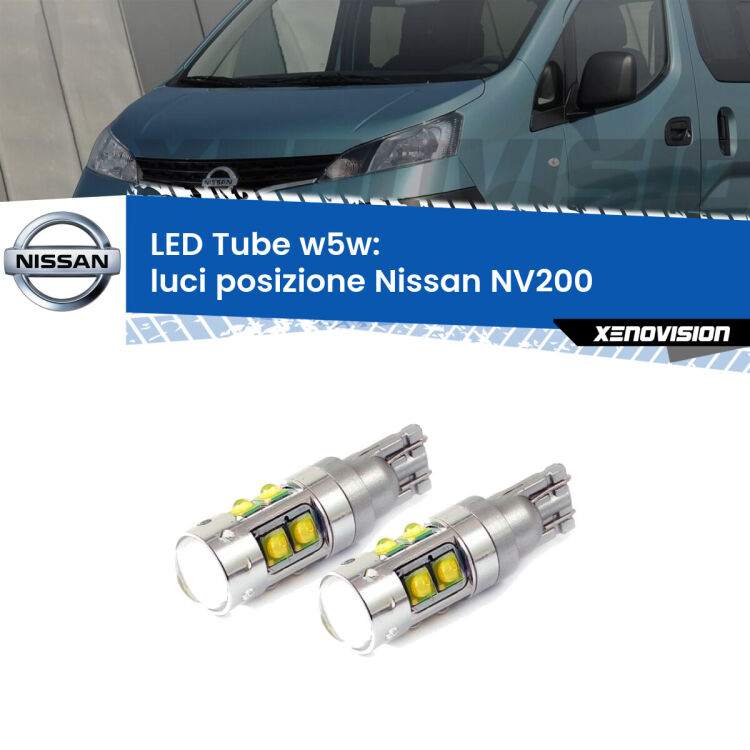 <strong>Luci posizione LED 6000k per Nissan NV200</strong>  2010-2019. Lampadine <strong>W5W</strong> canbus modello Tube, luce bianco lunare, lunga durata e compatibilità.