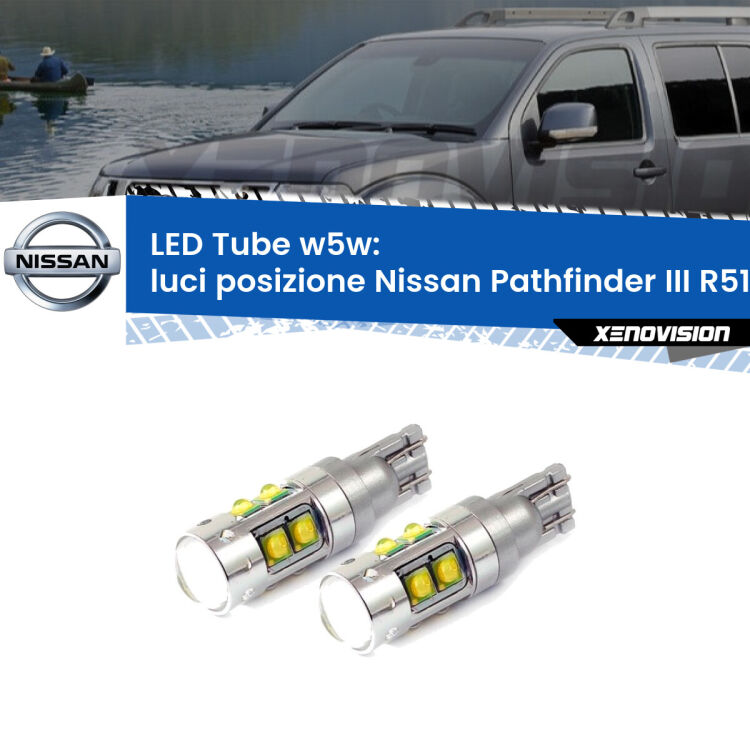 <strong>Luci posizione LED 6000k per Nissan Pathfinder III</strong> R51 2005-2011. Lampadine <strong>W5W</strong> canbus modello Tube, luce bianco lunare, lunga durata e compatibilità.