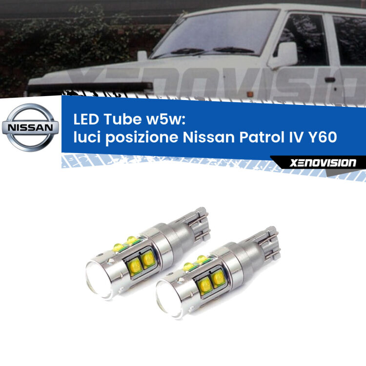 <strong>Luci posizione LED 6000k per Nissan Patrol IV</strong> Y60 1988-1997. Lampadine <strong>W5W</strong> canbus modello Tube, luce bianco lunare, lunga durata e compatibilità.