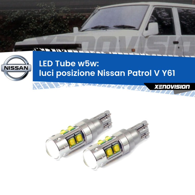 <strong>Luci posizione LED 6000k per Nissan Patrol V</strong> Y61 1997-2009. Lampadine <strong>W5W</strong> canbus modello Tube, luce bianco lunare, lunga durata e compatibilità.