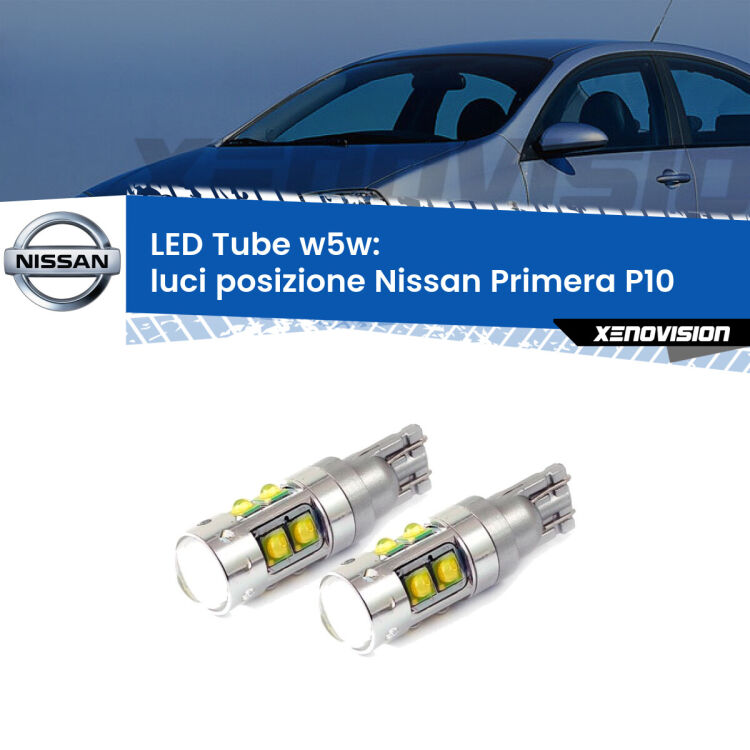 <strong>Luci posizione LED 6000k per Nissan Primera</strong> P10 1990-1996. Lampadine <strong>W5W</strong> canbus modello Tube, luce bianco lunare, lunga durata e compatibilità.