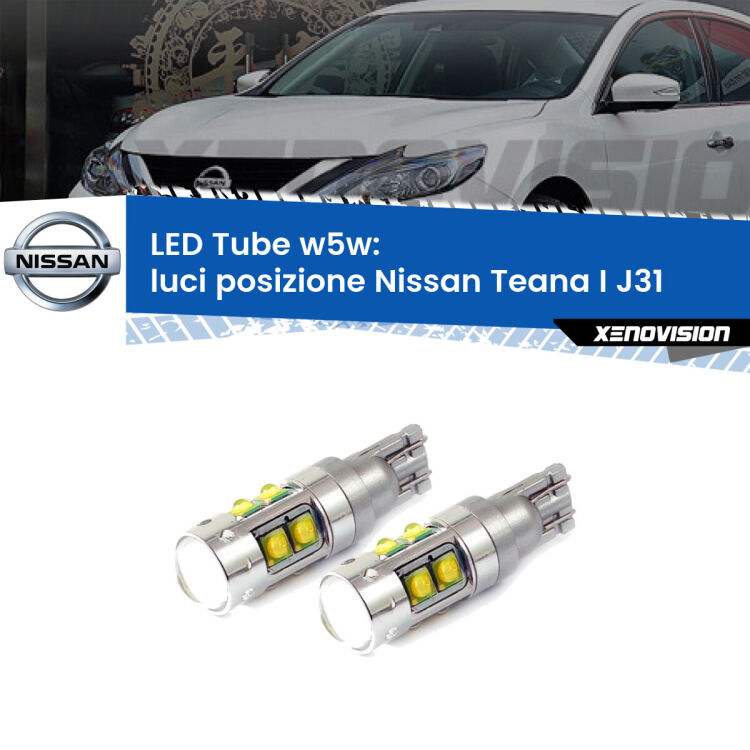 <strong>Luci posizione LED 6000k per Nissan Teana I</strong> J31 2003-2008. Lampadine <strong>W5W</strong> canbus modello Tube, luce bianco lunare, lunga durata e compatibilità.