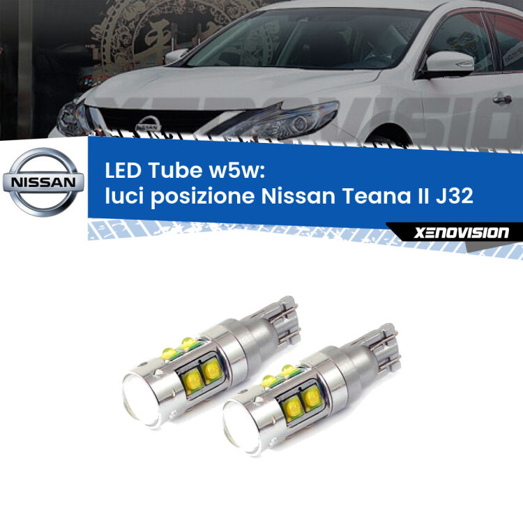 <strong>Luci posizione LED 6000k per Nissan Teana II</strong> J32 2008-2013. Lampadine <strong>W5W</strong> canbus modello Tube, luce bianco lunare, lunga durata e compatibilità.