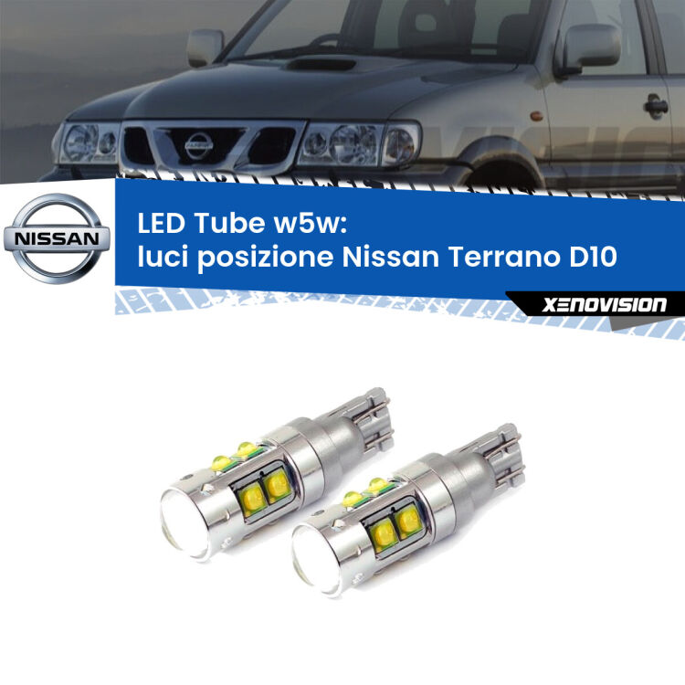 <strong>Luci posizione LED 6000k per Nissan Terrano</strong> D10 2013in poi. Lampadine <strong>W5W</strong> canbus modello Tube, luce bianco lunare, lunga durata e compatibilità.