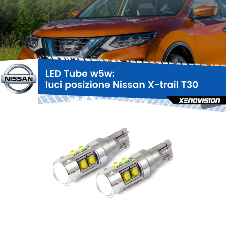 <strong>Luci posizione LED 6000k per Nissan X-trail</strong> T30 2001-2007. Lampadine <strong>W5W</strong> canbus modello Tube, luce bianco lunare, lunga durata e compatibilità.