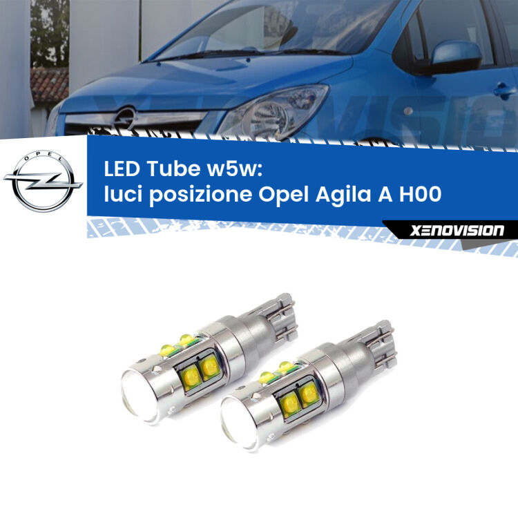 <strong>Luci posizione LED 6000k per Opel Agila A</strong> H00 2000-2007. Lampadine <strong>W5W</strong> canbus modello Tube, luce bianco lunare, lunga durata e compatibilità.