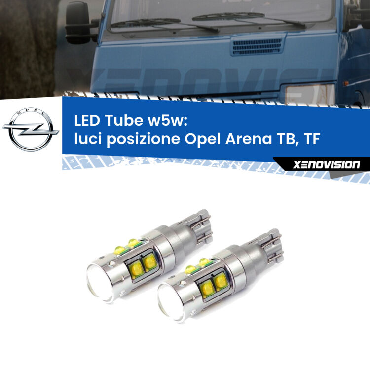 <strong>Luci posizione LED 6000k per Opel Arena</strong> TB, TF 1998-2001. Lampadine <strong>W5W</strong> canbus modello Tube, luce bianco lunare, lunga durata e compatibilità.