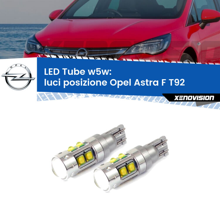 <strong>Luci posizione LED 6000k per Opel Astra F</strong> T92 1991-1998. Lampadine <strong>W5W</strong> canbus modello Tube, luce bianco lunare, lunga durata e compatibilità.