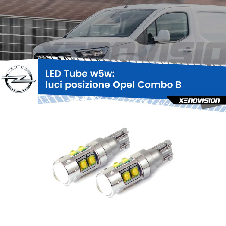 <strong>Luci posizione LED 6000k per Opel Combo B</strong>  1994-2001. Lampadine <strong>W5W</strong> canbus modello Tube, luce bianco lunare, lunga durata e compatibilità.