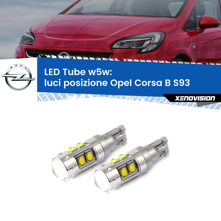 <strong>Luci posizione LED 6000k per Opel Corsa B</strong> S93 1993-2000. Lampadine <strong>W5W</strong> canbus modello Tube, luce bianco lunare, lunga durata e compatibilità.