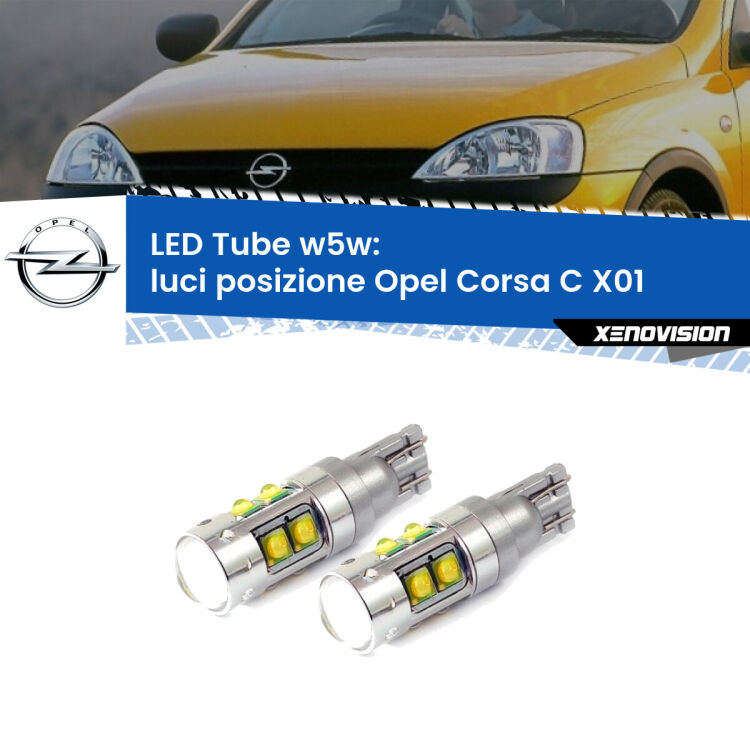 <strong>Luci posizione LED 6000k per Opel Corsa C</strong> X01 2000-2006. Lampadine <strong>W5W</strong> canbus modello Tube, luce bianco lunare, lunga durata e compatibilità.