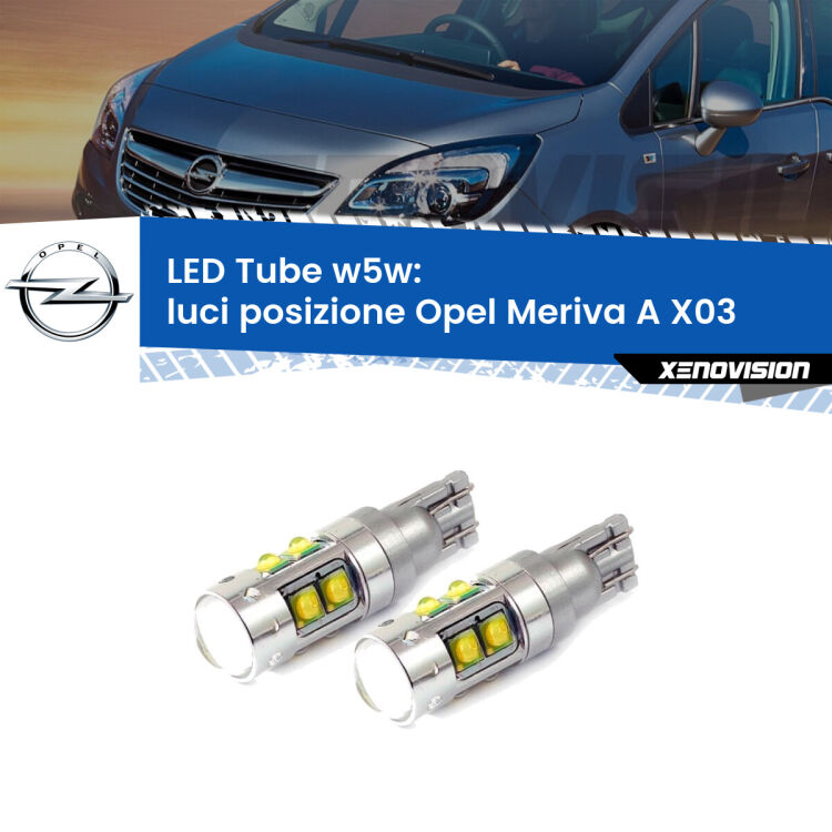 <strong>Luci posizione LED 6000k per Opel Meriva A</strong> X03 2003-2010. Lampadine <strong>W5W</strong> canbus modello Tube, luce bianco lunare, lunga durata e compatibilità.