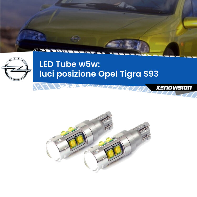 <strong>Luci posizione LED 6000k per Opel Tigra</strong> S93 1994-2000. Lampadine <strong>W5W</strong> canbus modello Tube, luce bianco lunare, lunga durata e compatibilità.