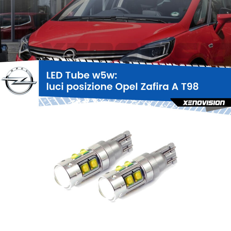 <strong>Luci posizione LED 6000k per Opel Zafira A</strong> T98 1999-2005. Lampadine <strong>W5W</strong> canbus modello Tube, luce bianco lunare, lunga durata e compatibilità.