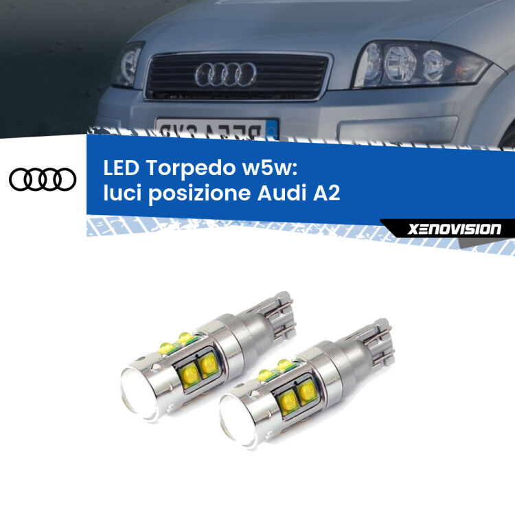 <strong>Luci posizione LED 6000k per Audi A2</strong>  2000-2005. Lampadine <strong>W5W</strong> canbus modello Tube, luce bianco lunare, lunga durata e compatibilità.