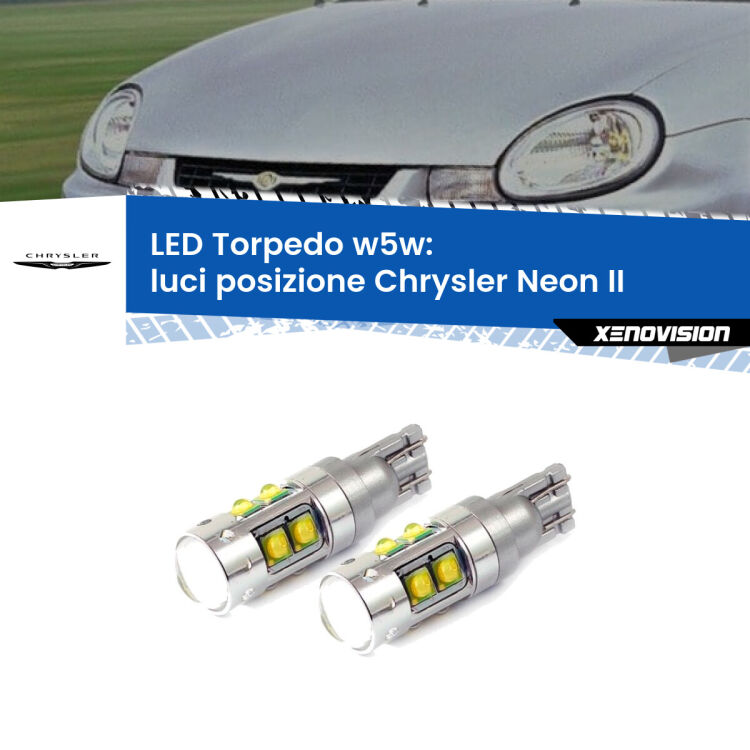 <strong>Luci posizione LED 6000k per Chrysler Neon II</strong>  1999-2006. Lampadine <strong>W5W</strong> canbus modello Tube, luce bianco lunare, lunga durata e compatibilità.