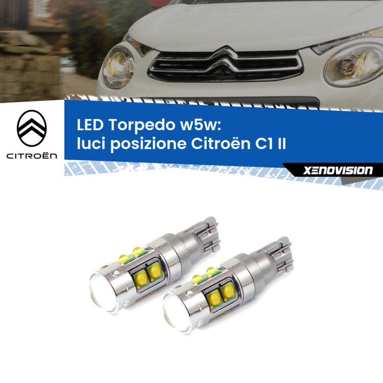 <strong>Luci posizione LED 6000k per Citroën C1</strong> II 2014in poi. Lampadine <strong>W5W</strong> canbus modello Tube, luce bianco lunare, lunga durata e compatibilità.