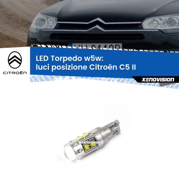 <strong>Luci posizione LED 6000k per Citroën C5</strong> II 2008-2014. Lampadine <strong>W5W</strong> canbus modello Torpedo.